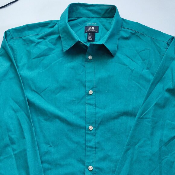 H&M slim fit dress shirt easy-iron teal men's size XL - Picture 2 of 6
